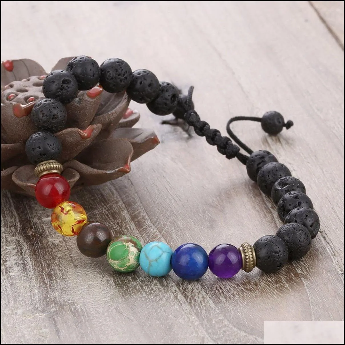 10pc/set new natural stone 8mm lava stone yoga energy bracelet volcanic stone seven chakra braid bracelets