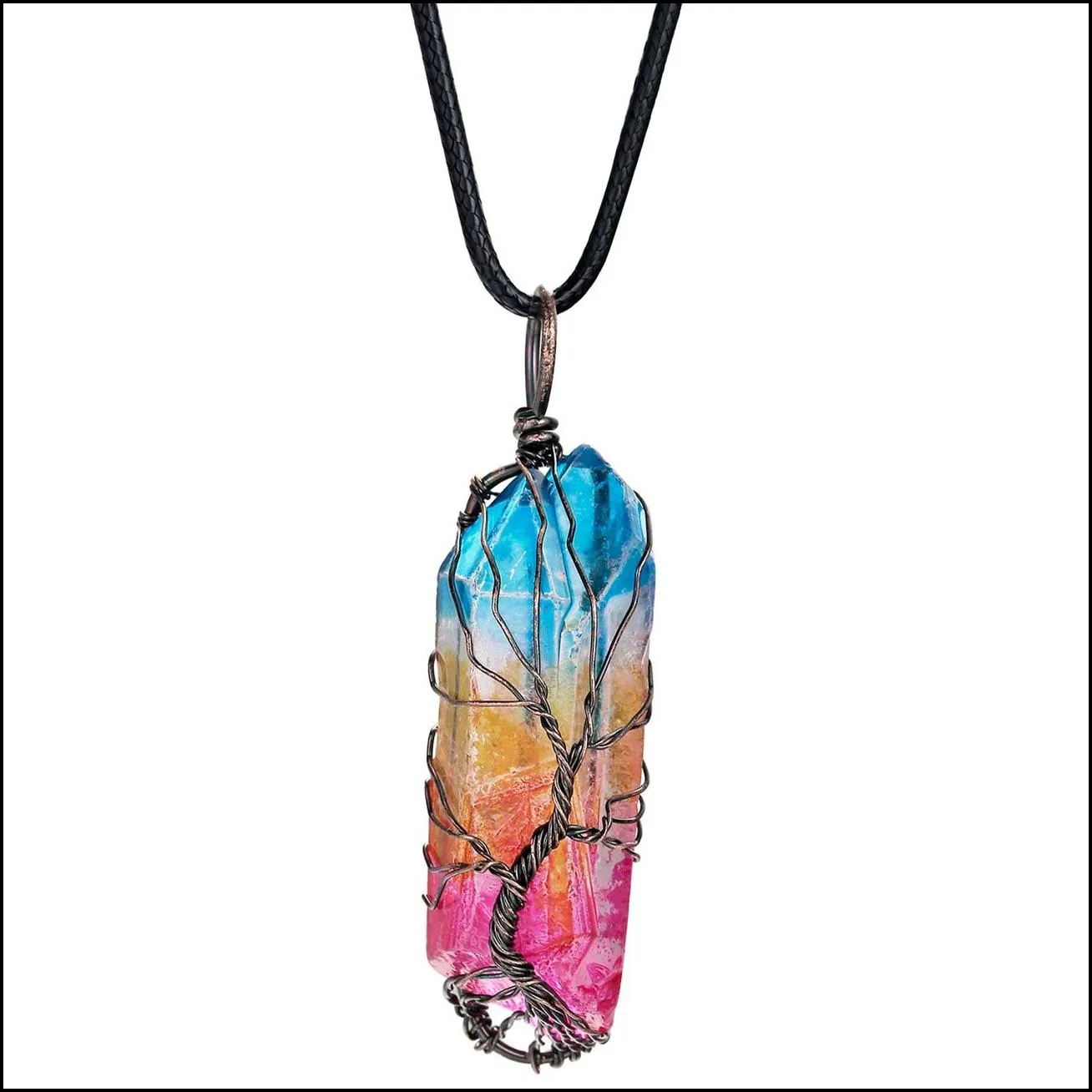 tree of life titanium coated rainbow rock quartz chakra crystal necklace copper wire wrapped irregular rough healing pointed gemstone pendant jewelry for women