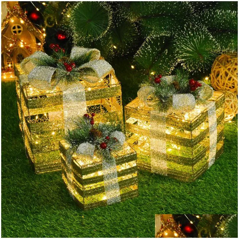 christmas decorations 3pcs/set decoration gift box tree ornaments luminous iron art home outdoor mall