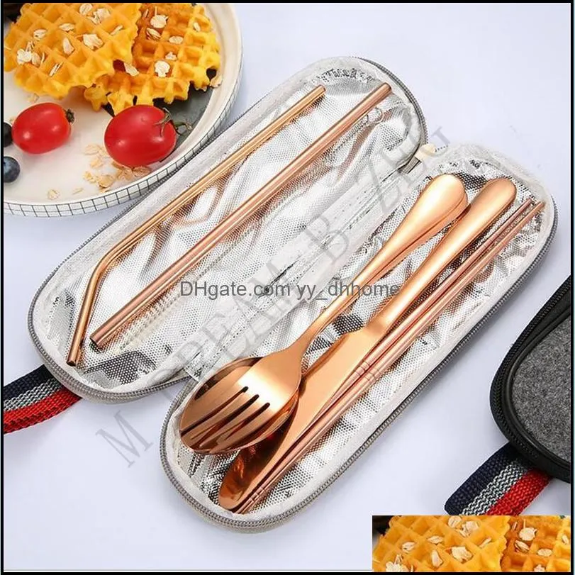 portable 8pcs/lot flatware set 5 colors tableware outing dinnerware ecofriednly stainless steel straw brush spoon fork chopsticks