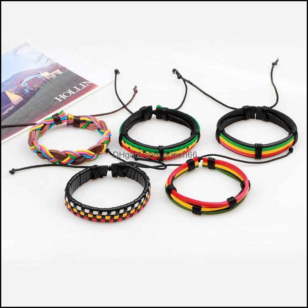 women men multilayer rainbow leather rope bracelet adjustable hip hop jewelry vintage 5pcs/set braided bracelets bangle cuff fashion jewelry