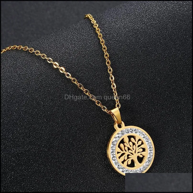 gold tree of life necklace stainless steel hollow crystal coin pendant necklaces for women men fashion jewelry
