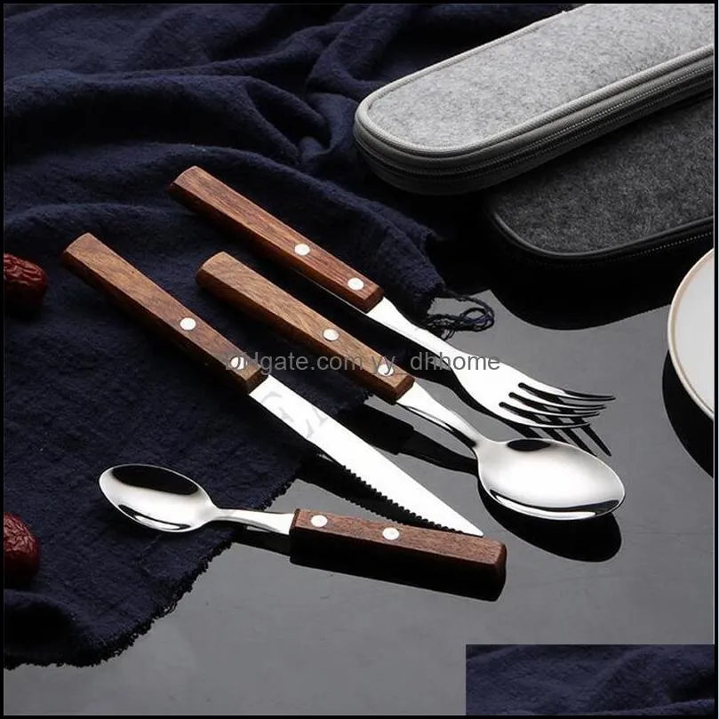 natural dinnerware sets wooden handle 304 stainless steel flatware sets fork knife teaspoon spoon kitchen bar utensil kitchen supplies