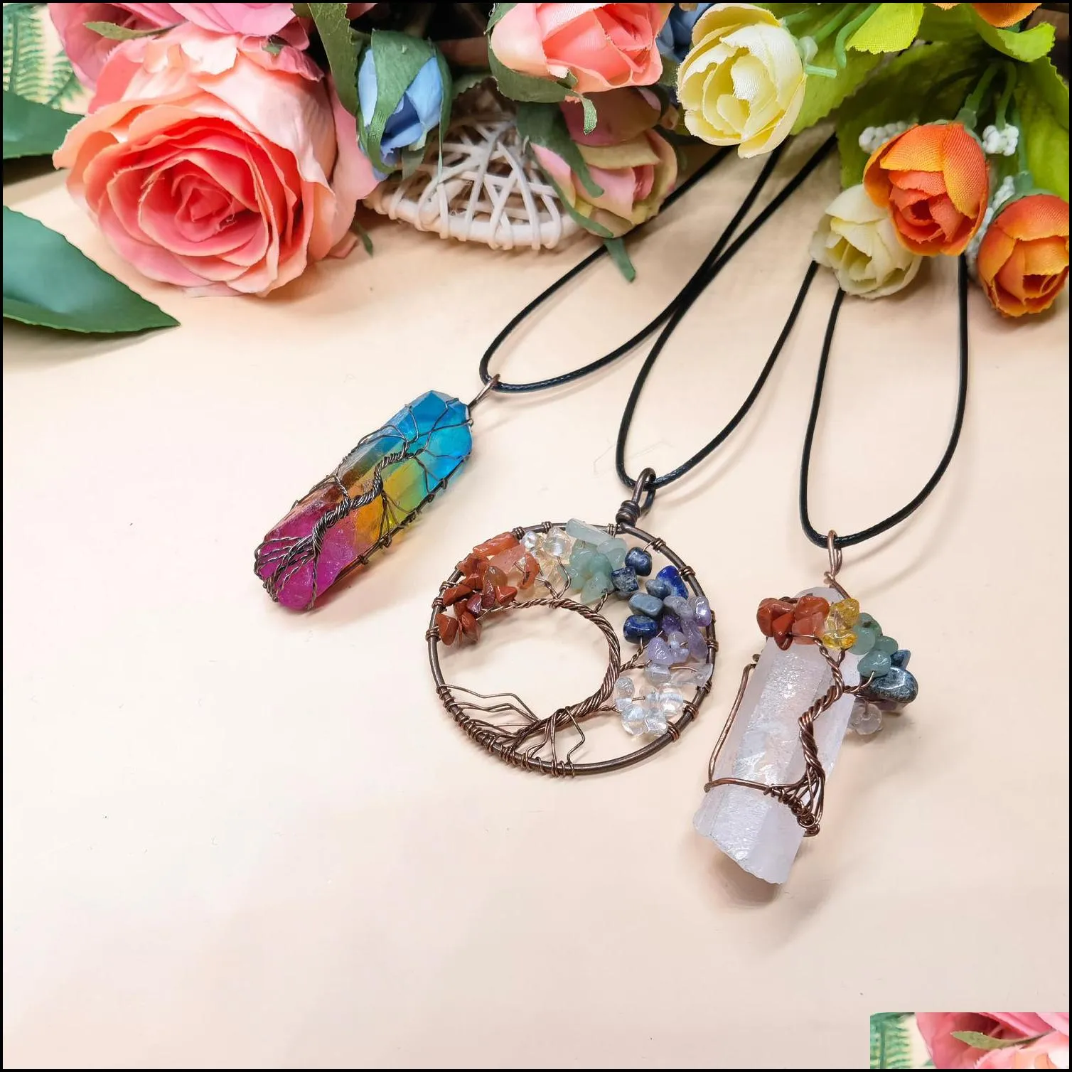 3 pieces tree life pendant quartz crystal necklace chakra gemstone copper silver wire wrap