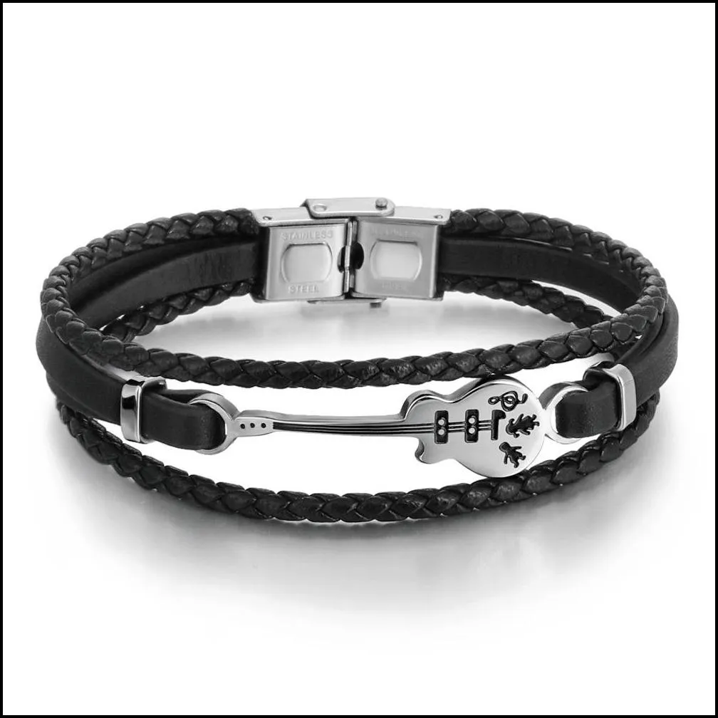 unisex stainless steel genuine leather guitar bracelet link chain handmade braided multilayer wristband musical bracelet for men women music enthusiast