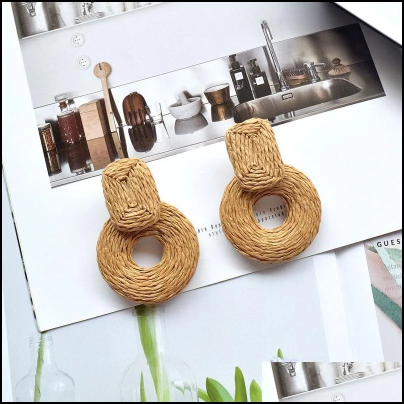 handmade raffia round earrings stud for women girls boho woven straw circle dangle drop rattan ear jewelry chakra healing yoga