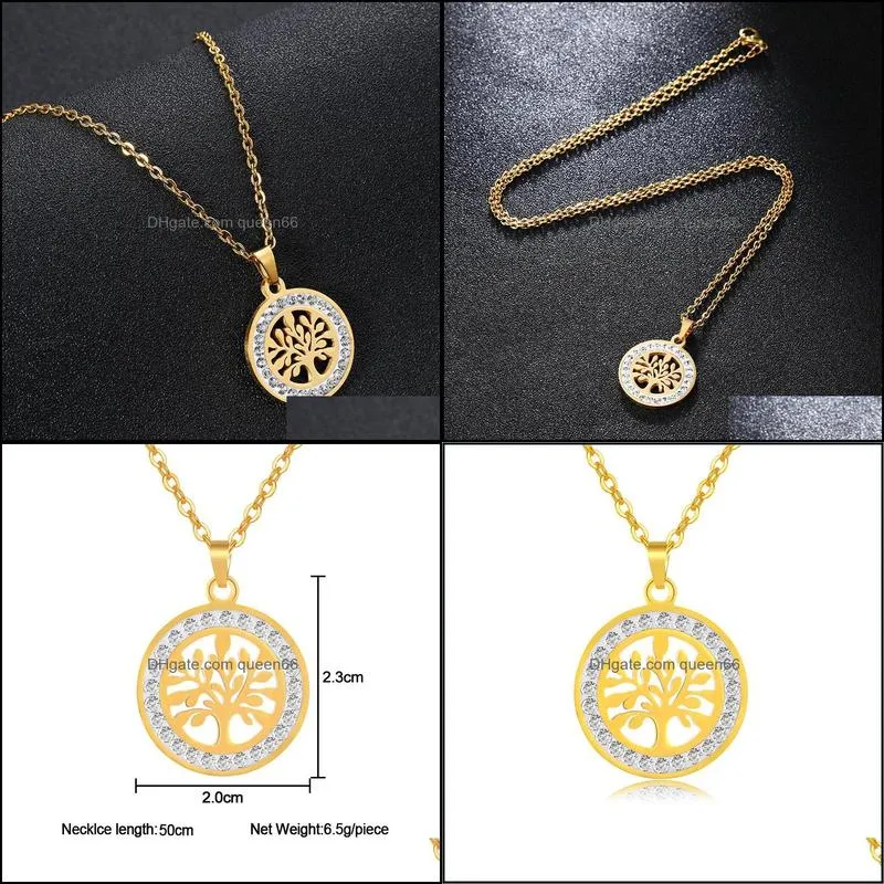 gold tree of life necklace stainless steel hollow crystal coin pendant necklaces for women men fashion jewelry