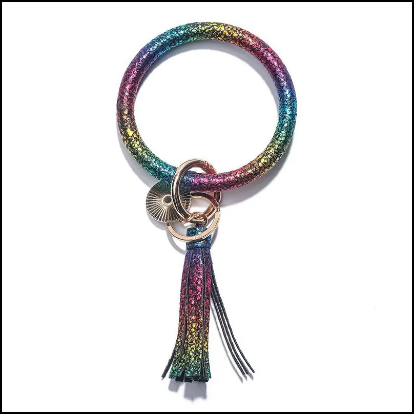 women pu wrist keychain bracelet charms leather bangle round key ring large circle tassel chain wristlet bracelets holder for women