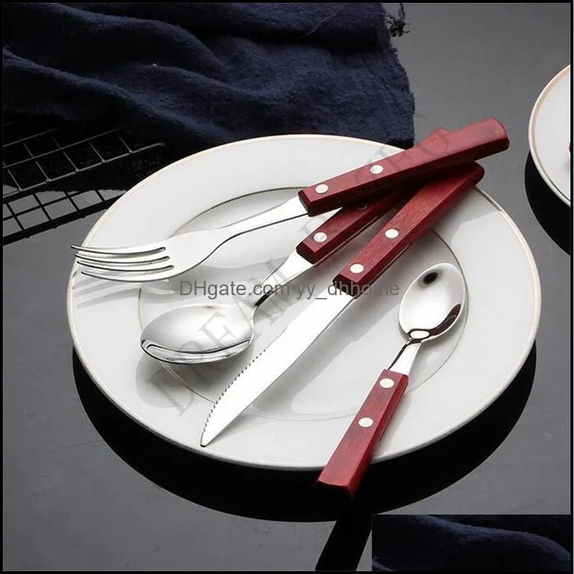 natural dinnerware sets wooden handle 304 stainless steel flatware sets fork knife teaspoon spoon kitchen bar utensil kitchen supplies