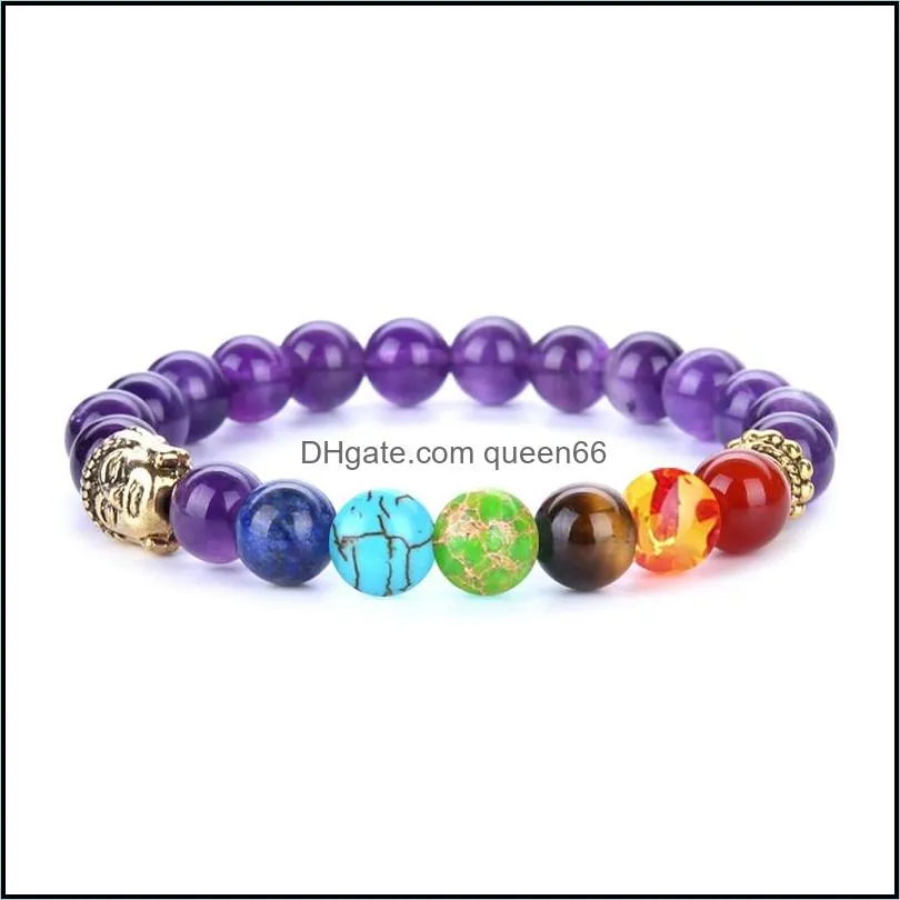 yoga 7 chakra natural stone bracelet buddha head tiger eye lava bead bracelets women mens fashion jewelry gift