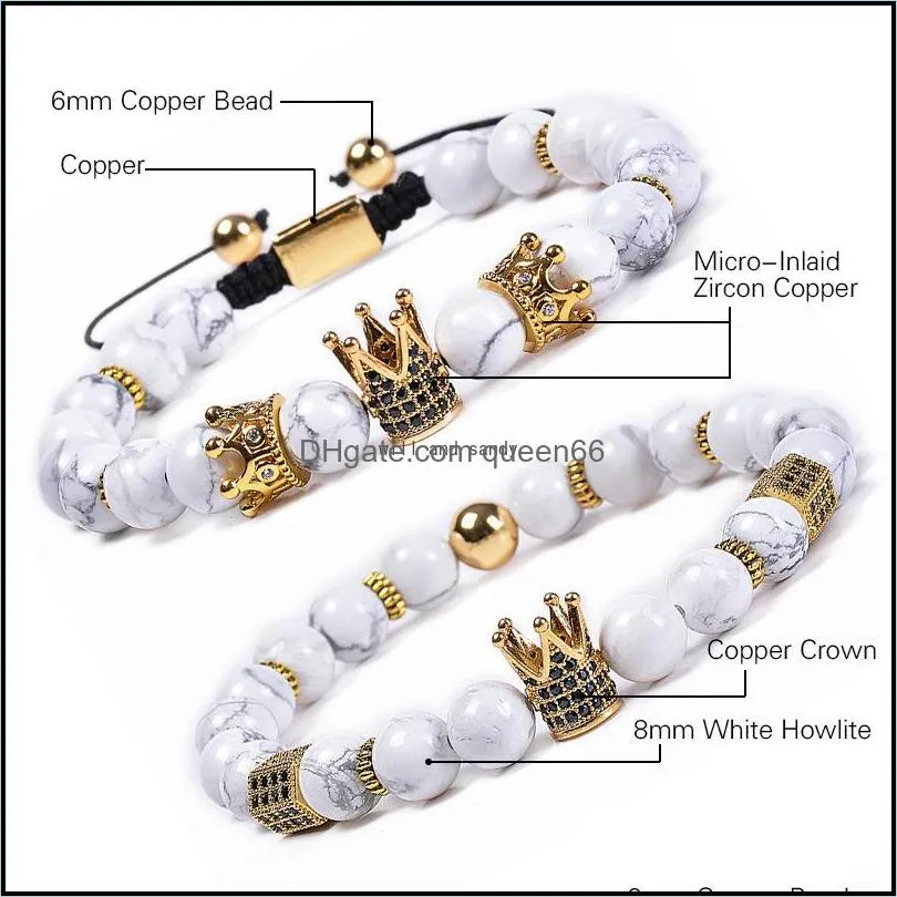 natural stone howlite beads bracelet copper zircon diamond crown bracelets braided women men fashion jewelry