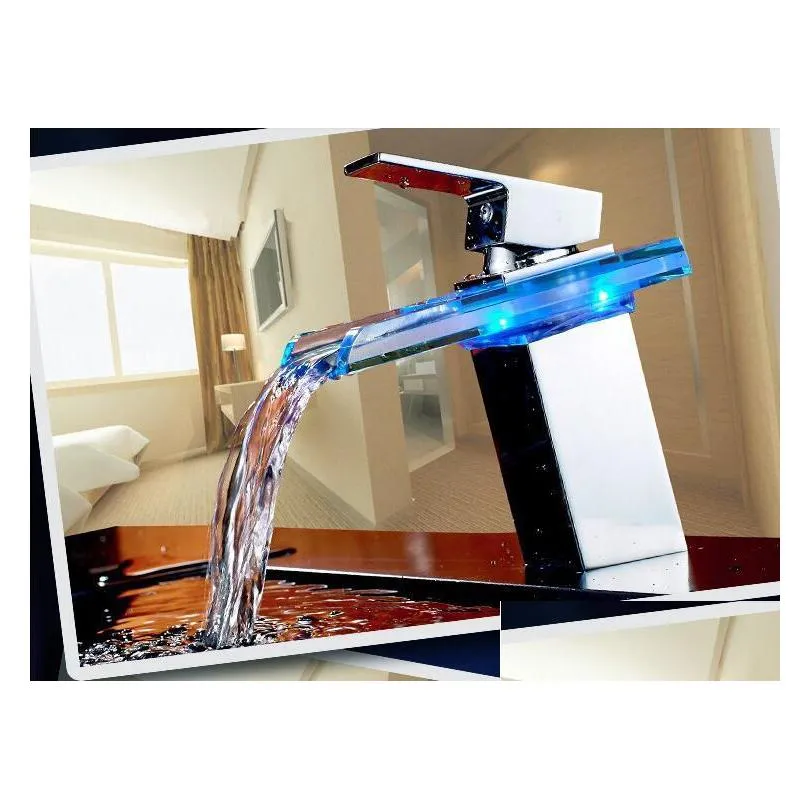 bathroom waterfall led faucet. glass water fall brass basin mixer tap deck mounted sink