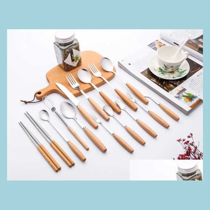 creative wooden handle flatware multiple stainless steel cutlery knife spoon fork coffee ice cream spoon fruit knife tableware set