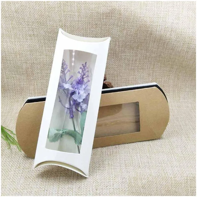 gift wrap pillow window box 16x7x2.4cm brown white black cardboard with clear pvc for proucts gifts
