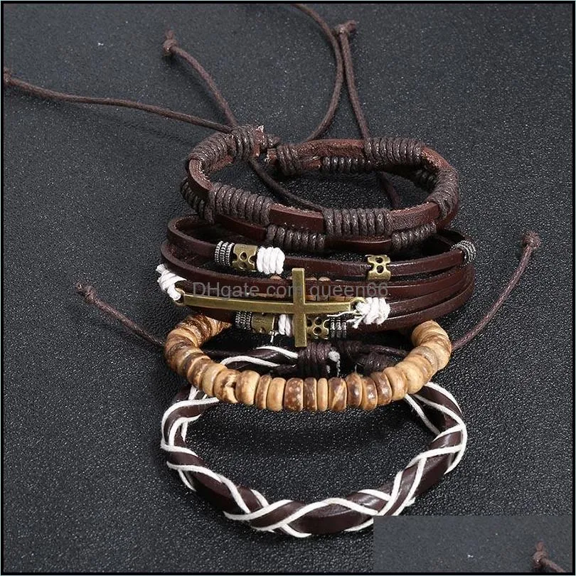 mens vintage bracelet set adjustable mulitlayer wrap braided cross leather bracelets wristband bangle cuff for men hip hop jewelry