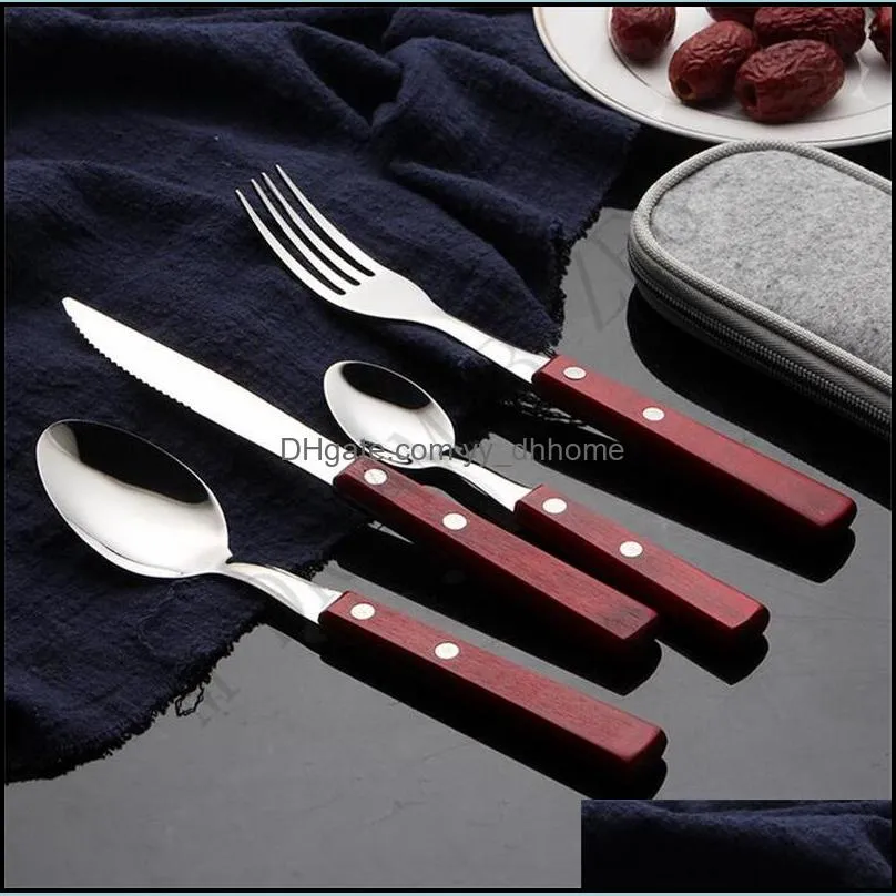 natural dinnerware sets wooden handle 304 stainless steel flatware sets fork knife teaspoon spoon kitchen bar utensil kitchen supplies