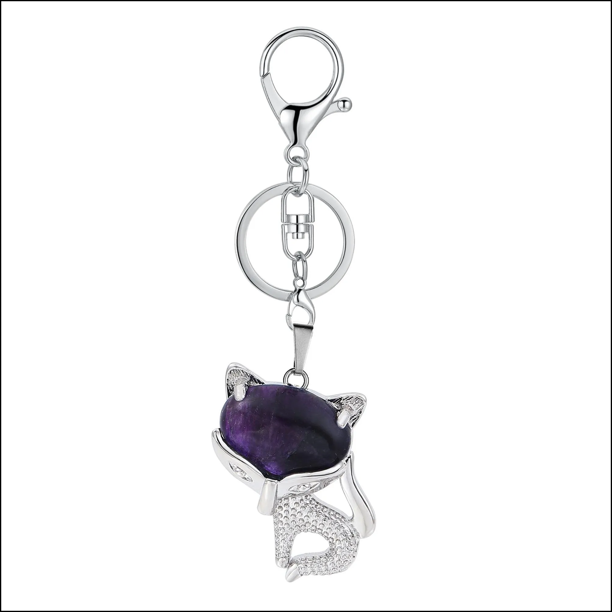 wholesale natural stone amethyst key chain caved fox keychain energy stones keychain fashion jewelry