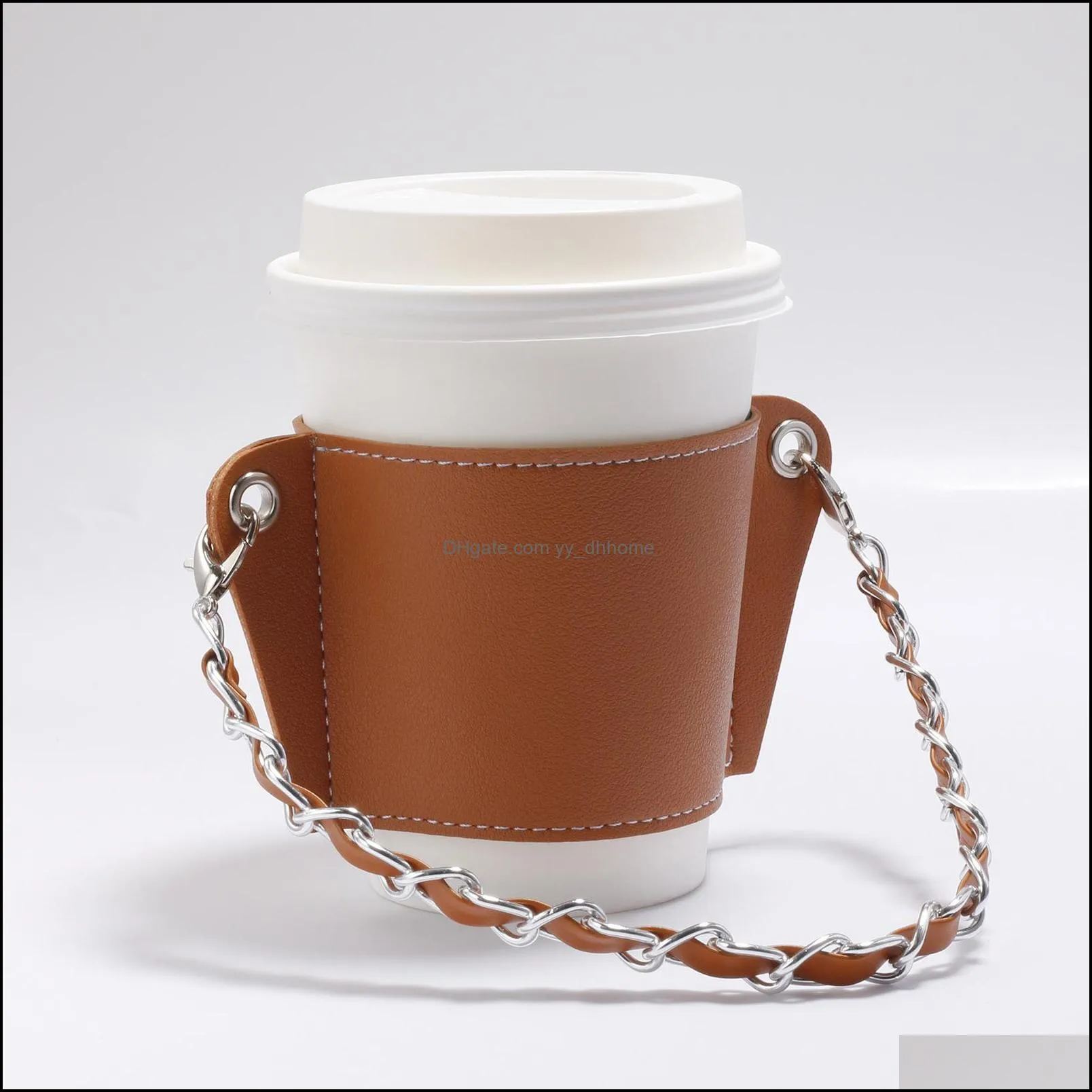 elegant coffee portable cup holder pu reusable drinkware festive sleeve with chain cup decoration handle