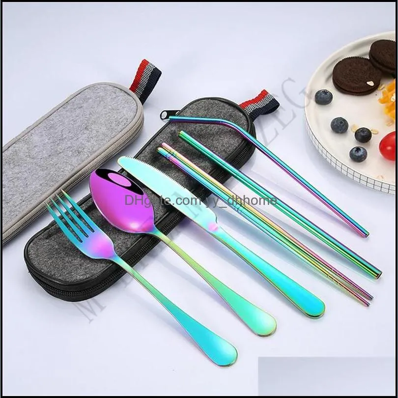 portable 8pcs/lot flatware set 5 colors tableware outing dinnerware ecofriednly stainless steel straw brush spoon fork chopsticks