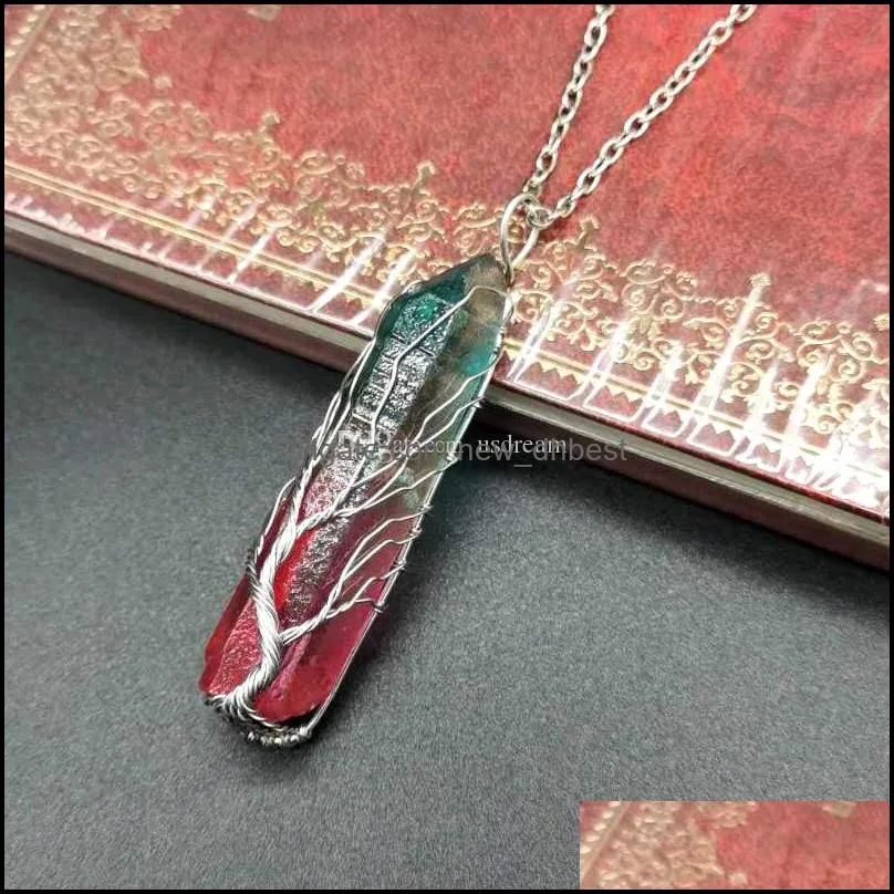 wire wrap tree of life natural stone pendant necklace crystal point women men necklaces fashion jewelry gift