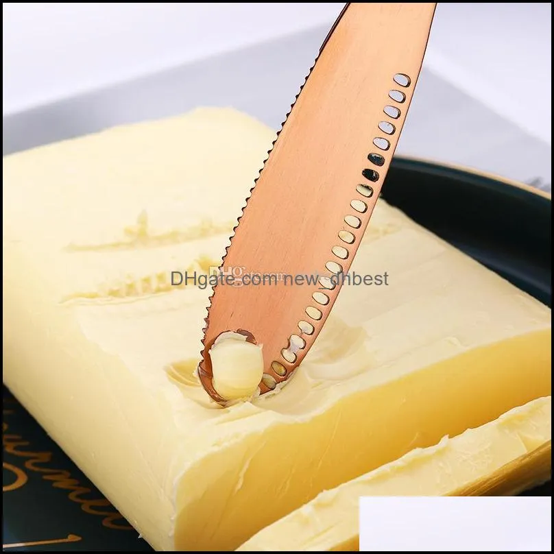 stainless steel butter knife with hole bake cheese cream knives home bar kitchen flatware tool gold rainbow