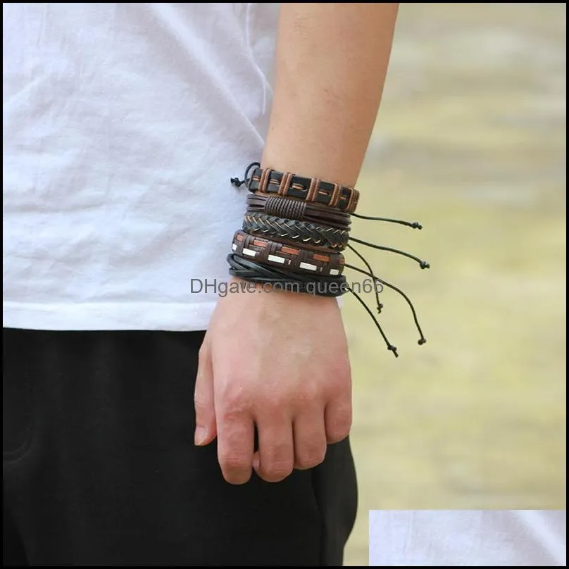 adjustable wrap multilayer mens leather bracelet hip hop jewelry vintage handmade braided leather bracelets bangle cuff