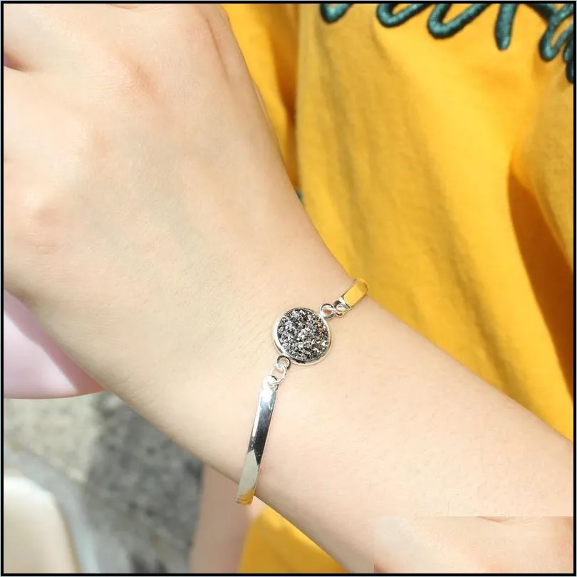 trendy raw stone round bangle stainless steel chain personalized charm adjustable women bracelet
