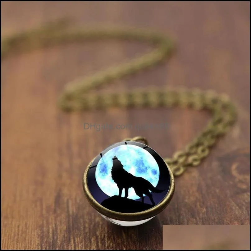 fashion howling wolf moon necklaces double sided glass ball time gemstone pendant necklace silver bronze chains jewelry