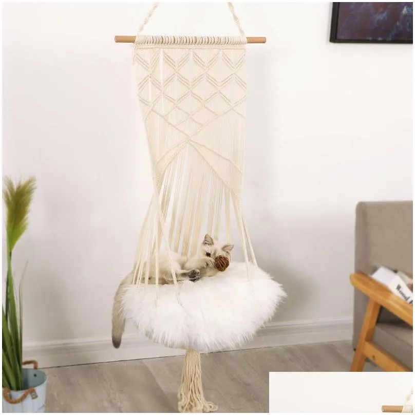 cat swing hammock boho style cage bed handmade hanging sleep chair seats tassel cats toy play cotton rope pets house