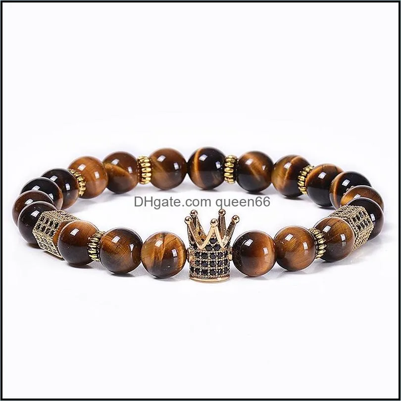 tiger eye crown bracelet natural stone copper microinlaid zircon diamond braided bead bracelets women men fashion jewelry