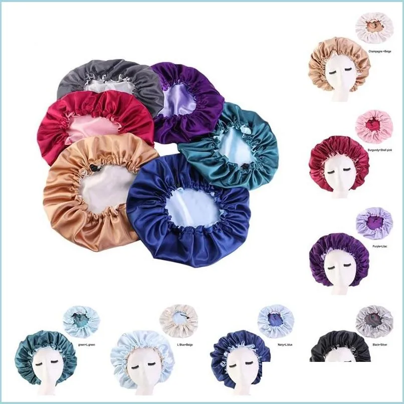 wide brimmed bath hat plain colour hair bonnets silk round adjustable buckle fitted hats satin head wrap bathroom products women