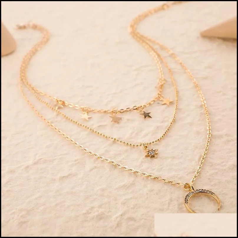 fashion retro layered gold and silver necklace personalized chain moon map pendant choker necklaces for women