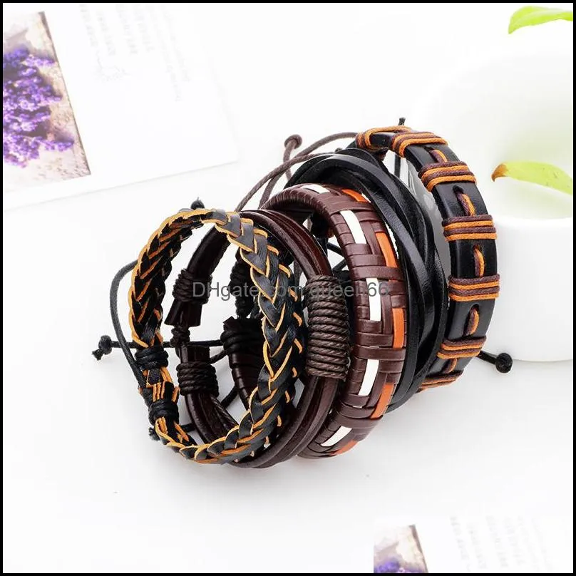 adjustable wrap multilayer mens leather bracelet hip hop jewelry vintage handmade braided leather bracelets bangle cuff