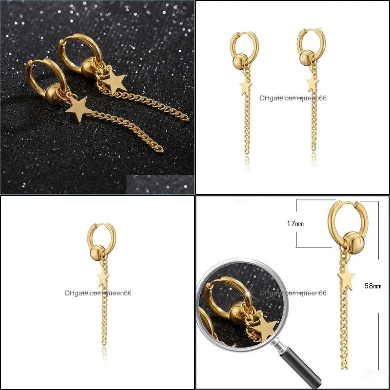 stainless steel star chain earrings gold hiphop pentagram tassel hoop earring women men body fashion jewelry