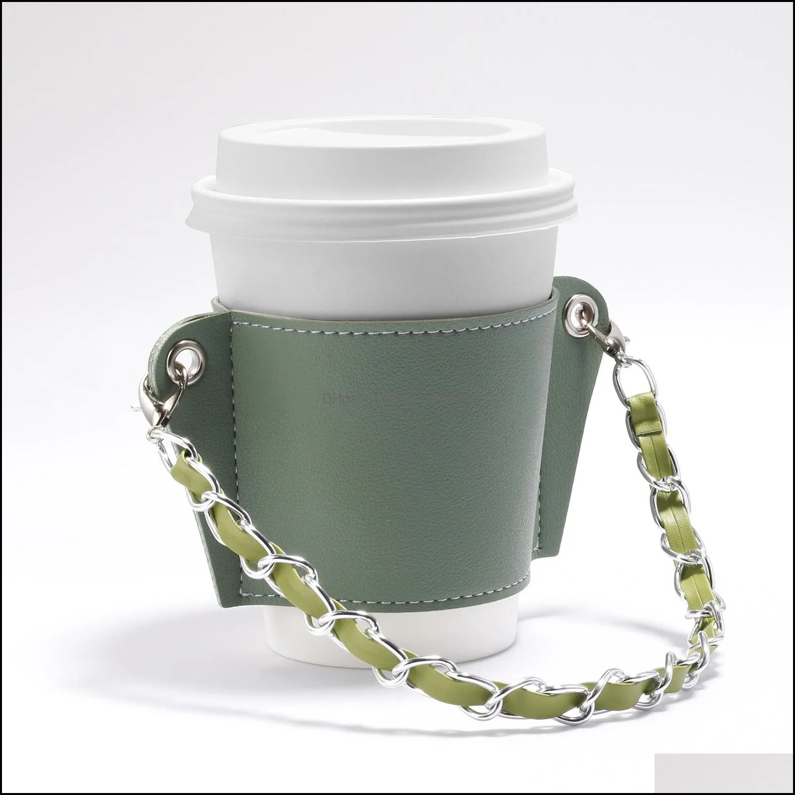 elegant coffee portable cup holder pu reusable drinkware festive sleeve with chain cup decoration handle