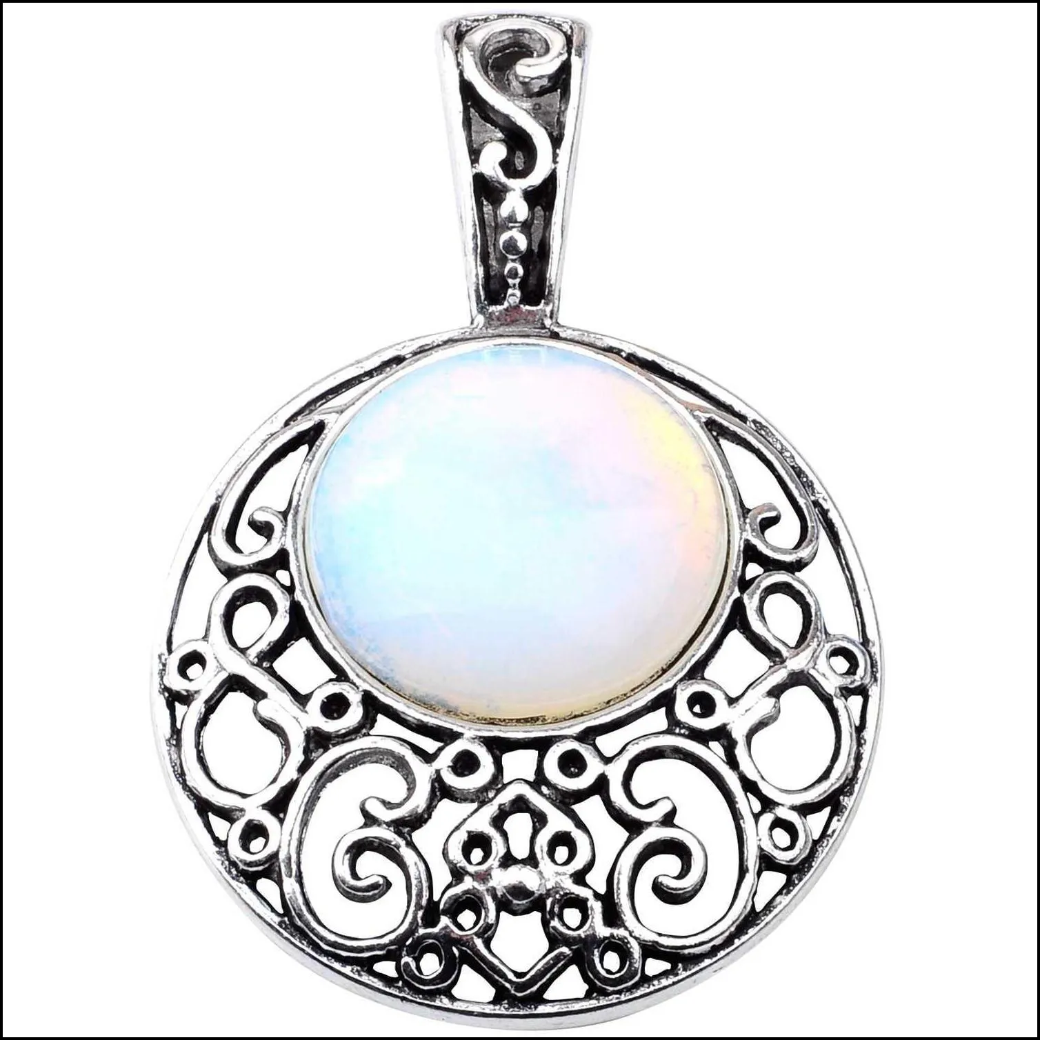 semi precious stone opal opalite pendants 40mm plated silver alloy 20mm cabochon crystal women necklace jewelry 60cm chain