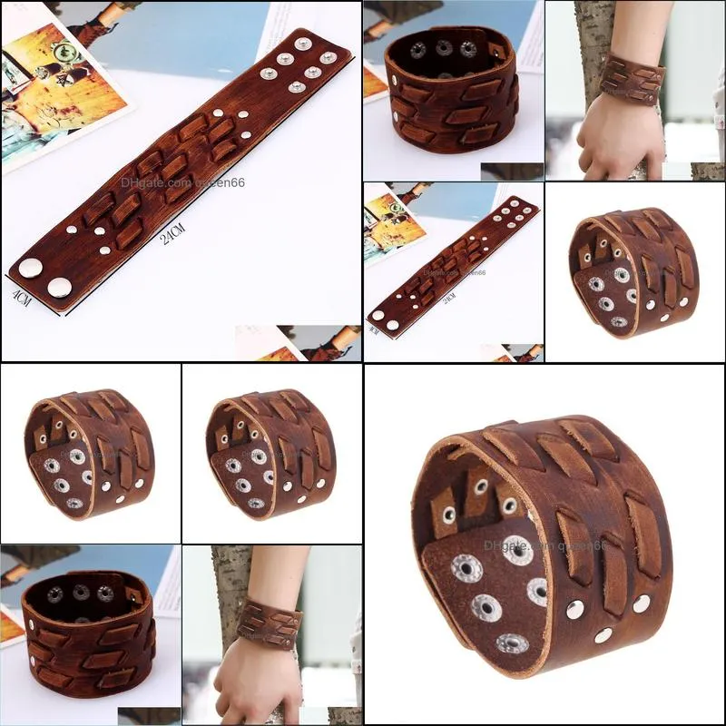 retro brown weave leather bangle cuff multilayer wrap button adjustable bracelet wristand for men women fashion jewelry