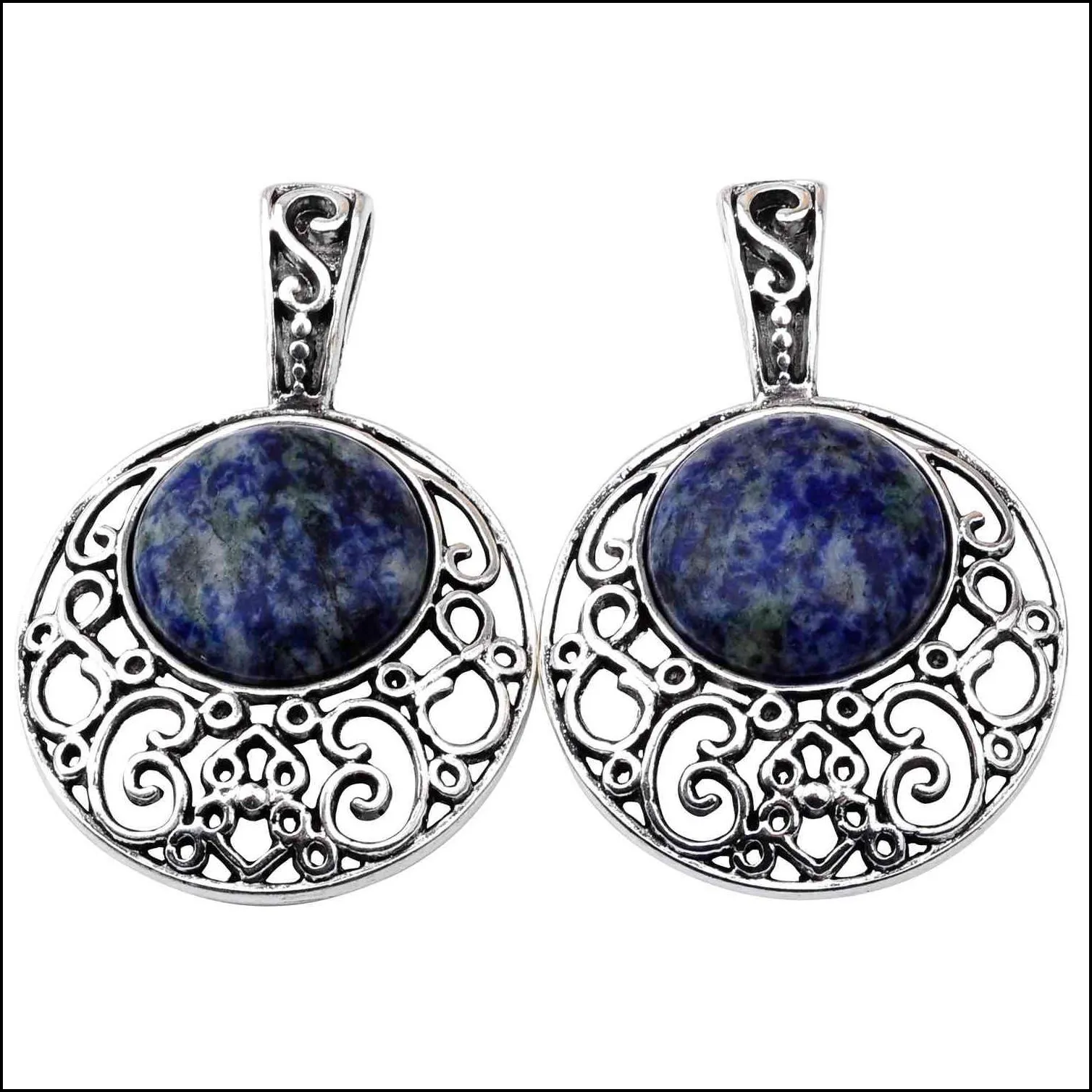 fashion semi precious stone sodalite pendants 40mm plated silver alloy 20mm cabochon crystal women charms necklace jewelry 60cm chain