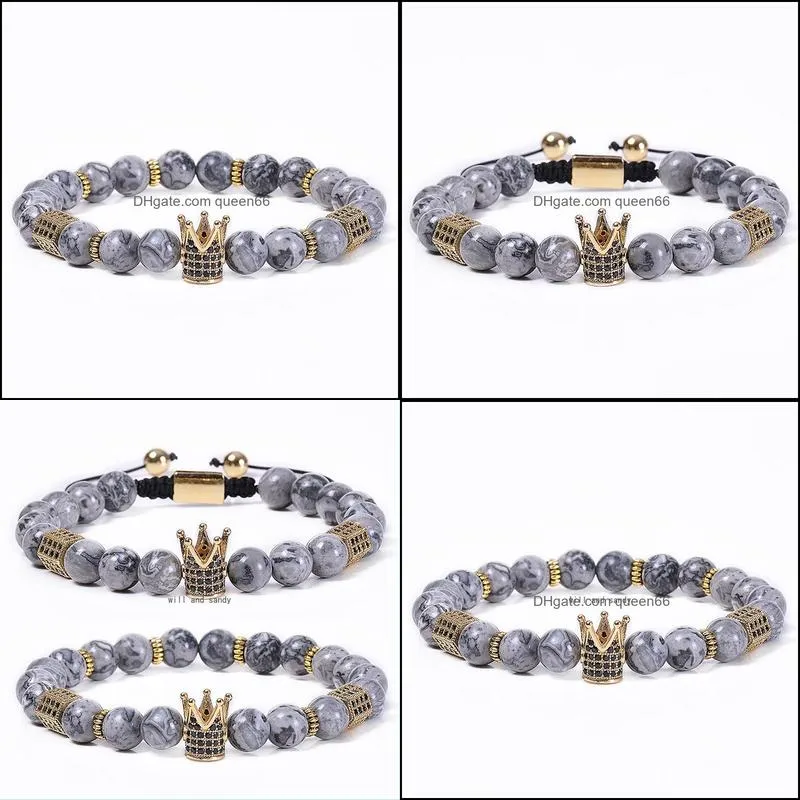 natural map stone crown bracelet copper microinlaid zircon diamond bracelets braided cuff women men fashion jewelry