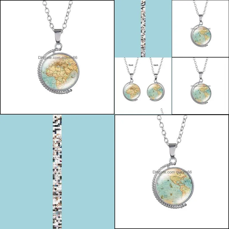 world map necklace time gem double sided glass cabochon pendant rotatable necklaces women children sweater chain fashion jewelry