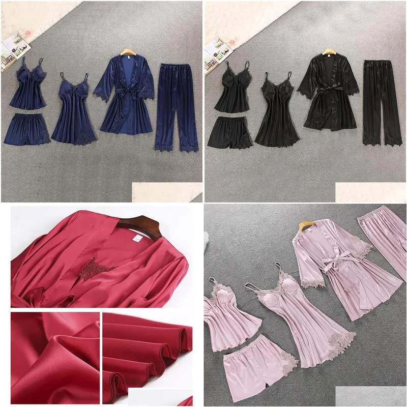 autumn satin pajamas set for women elegant 5pcs sleepwear female sexy lingerie lace top silk suits