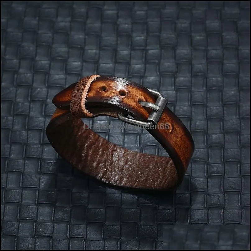 punk retro pin buckle belt leather bangle cuff wide adjustable bracelet wristand for men women fashion jewelry
