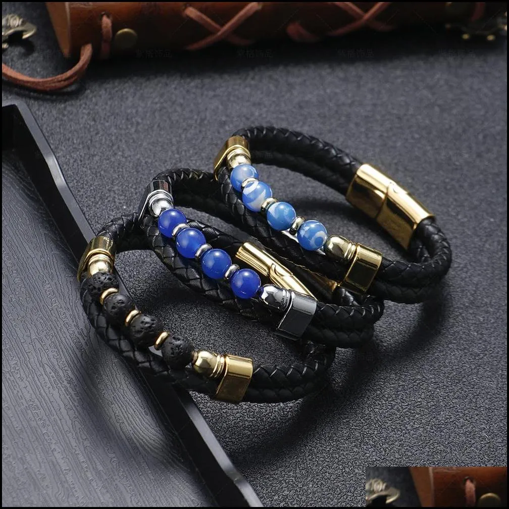 layered braided leather bracelets for men link chain strand 8mm stone beads with magnetic clasp wrist band rope cuff bangle lapis lazuli lava