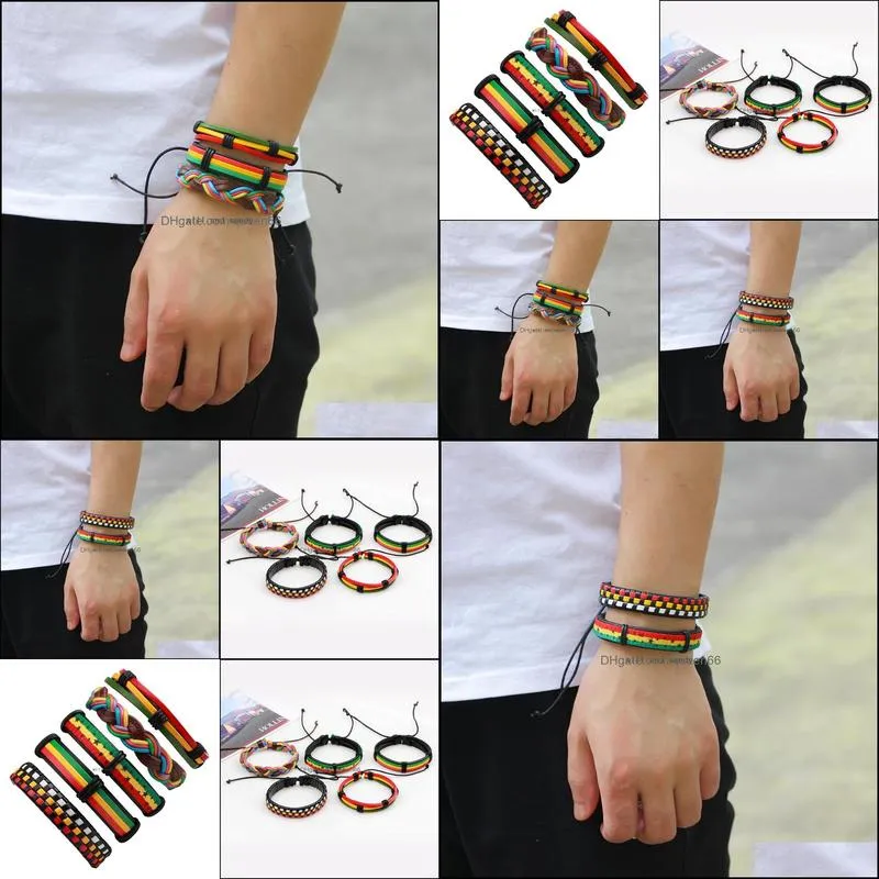 women men multilayer rainbow leather rope bracelet adjustable hip hop jewelry vintage 5pcs/set braided bracelets bangle cuff fashion jewelry