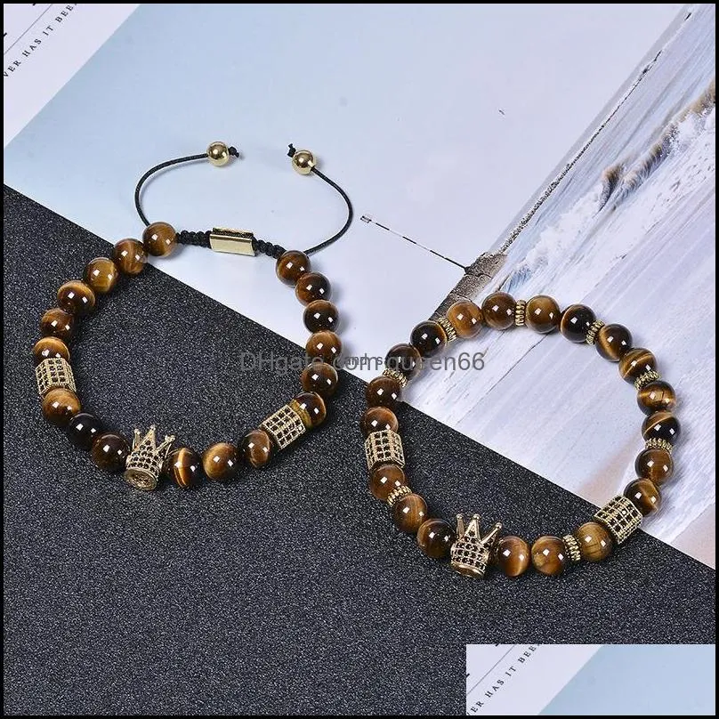 tiger eye crown bracelet natural stone copper microinlaid zircon diamond braided bead bracelets women men fashion jewelry