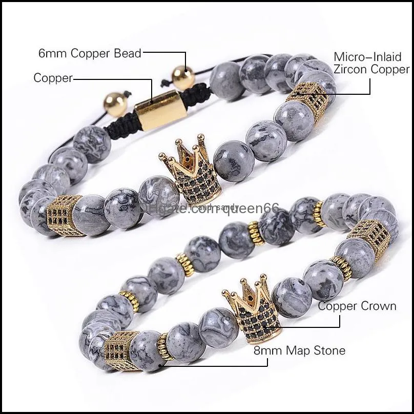 natural map stone crown bracelet copper microinlaid zircon diamond bracelets braided cuff women men fashion jewelry