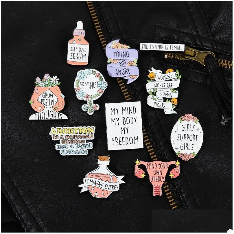 quotes women power enamel pins energy brooch bottle self love the future is female girls support girls jewelry gift accessories