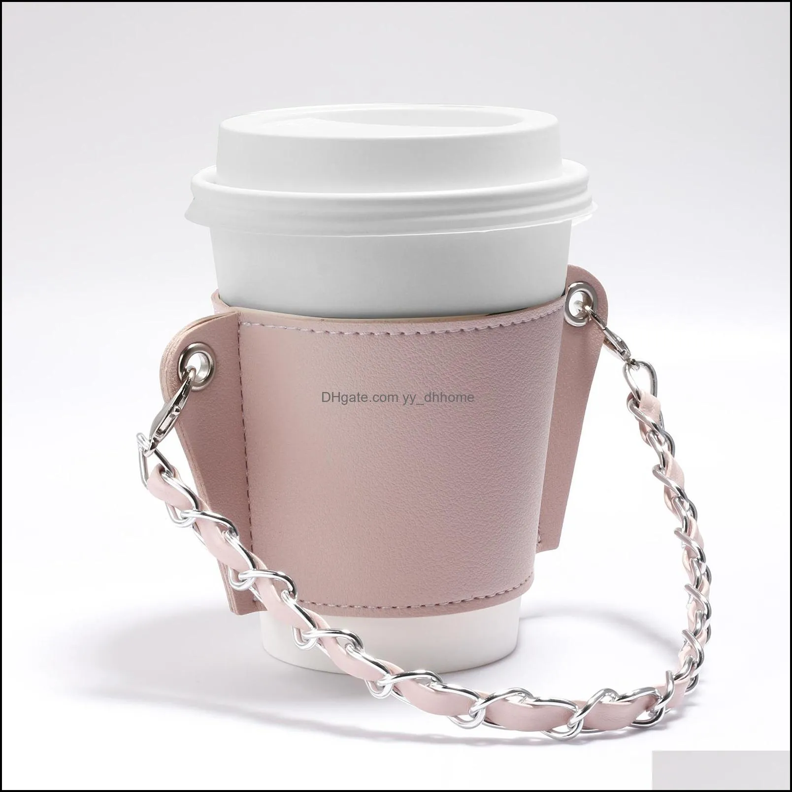 elegant coffee portable cup holder pu reusable drinkware festive sleeve with chain cup decoration handle