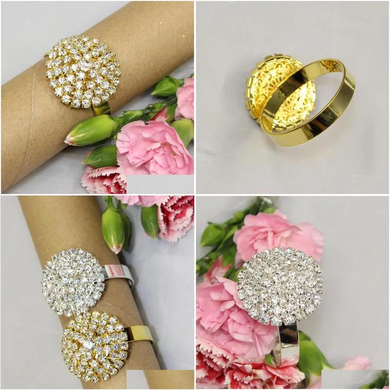 wholesale 12 pcs silver/golden rhinestone napkin rings serviette holder wedding napkin