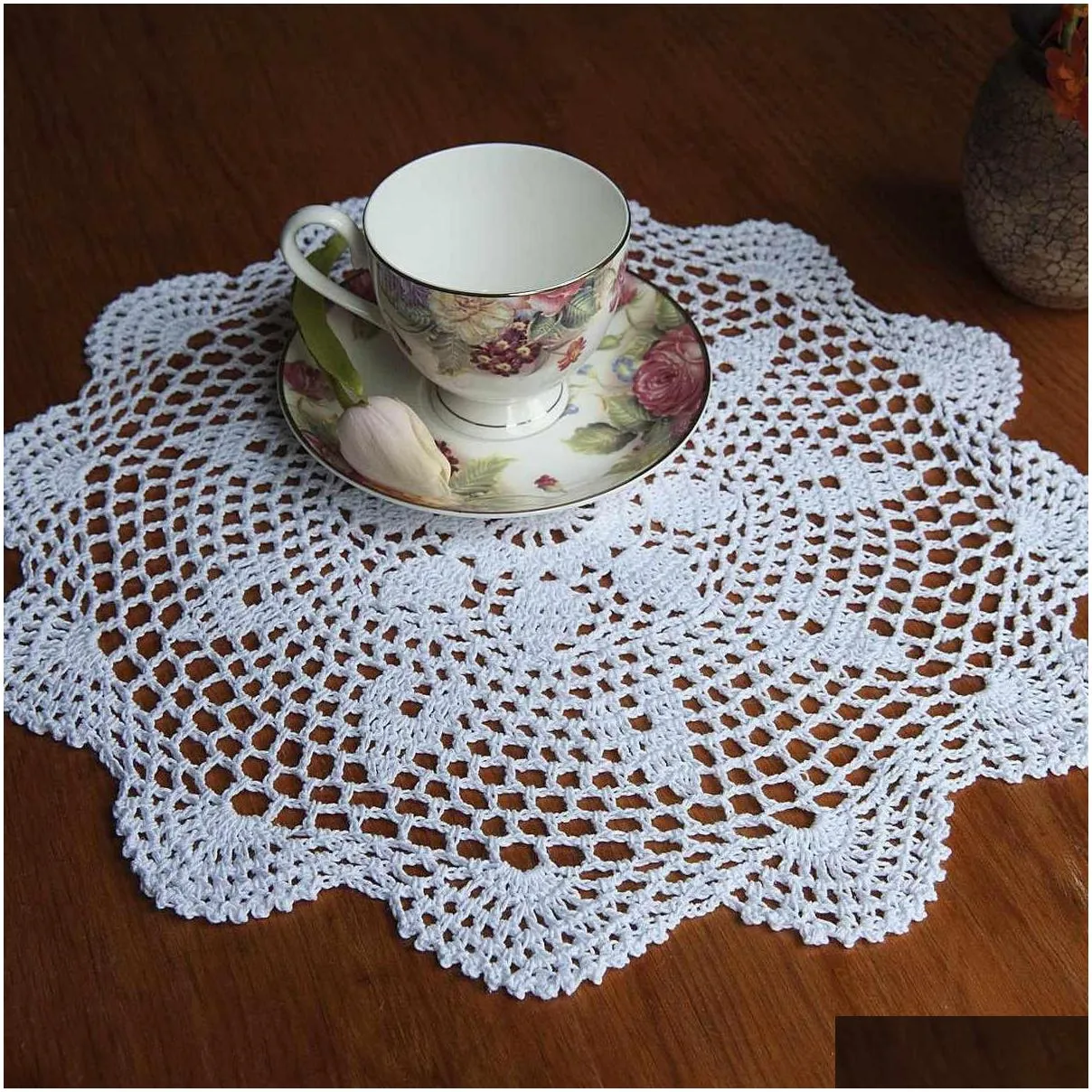 mats pads 37cm round lace hand crocheted doily placemat vintage floral coasters home coffee shop dining table decorative gadgets